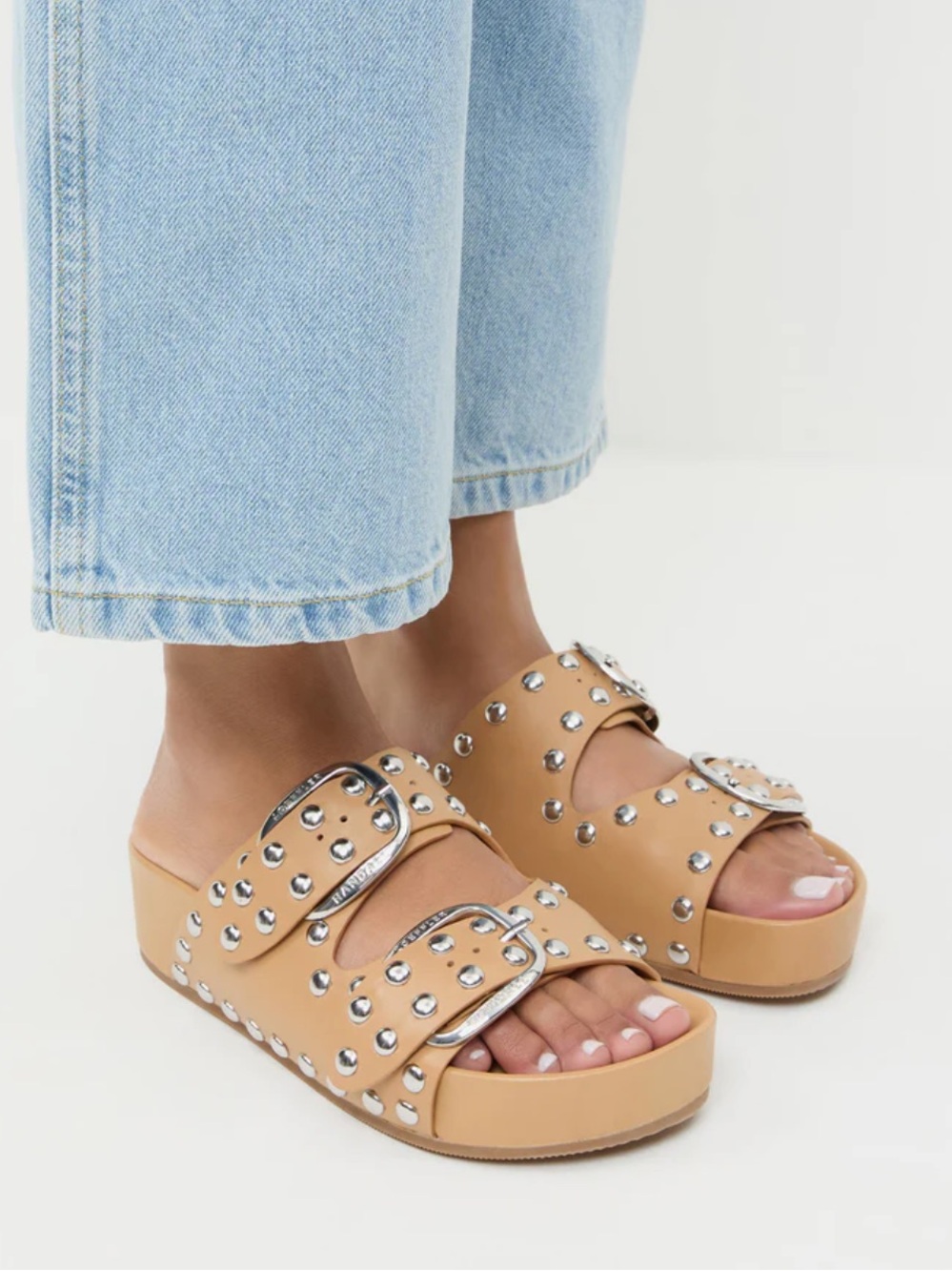 Loeffler Randall Joni Dark Brown Studded Double-Buckle Slide Sandals